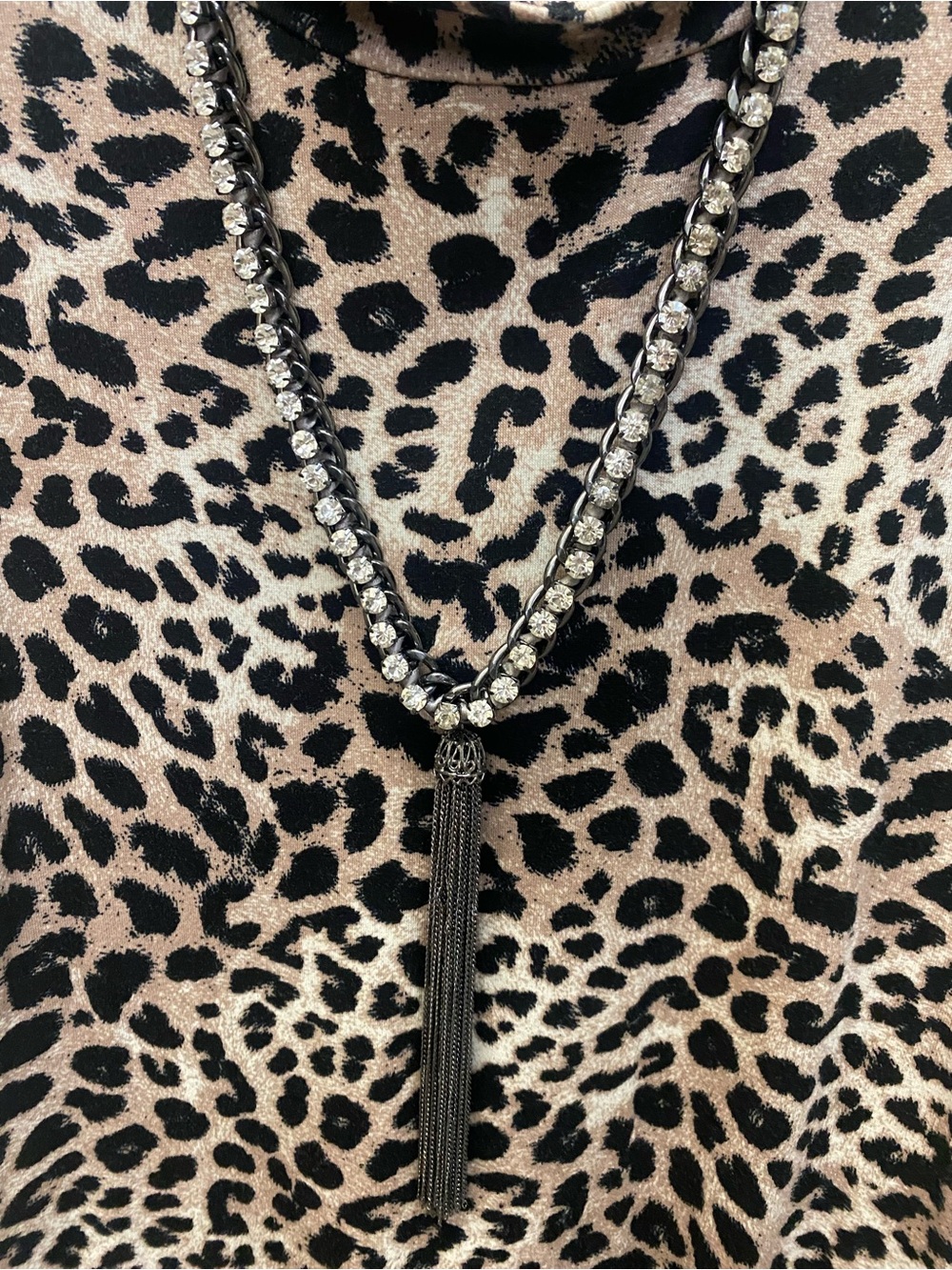 Beaded Strand Necklace with Tassel - Silver and Black with crystals